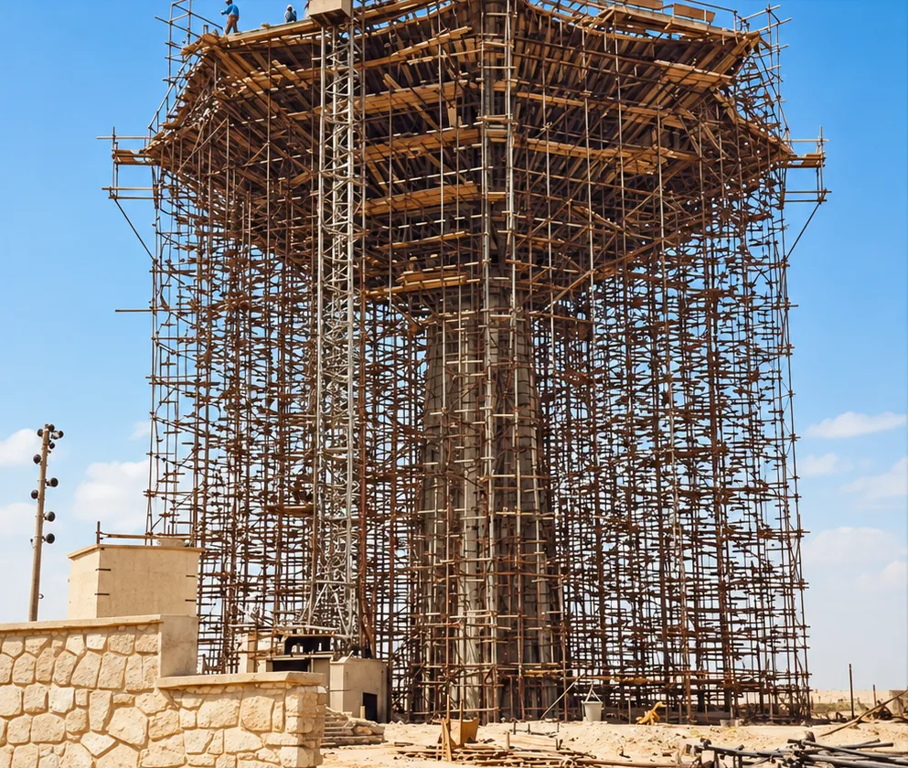 Illustration of a mushroom-shaped concrete water tower wrapped in scaffolding, with workers on top, a stone wall and building materials in the foreground