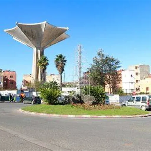 The mushroom-shaped concrete water tower on a roundabout, with palm trees and apartment buildings behind it